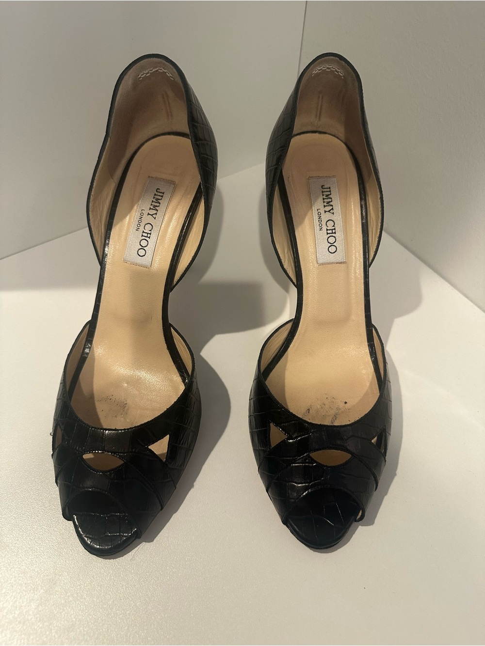 Jimmy Choo Black Croc-Embossed D'Orsay Peep-Toe Heels